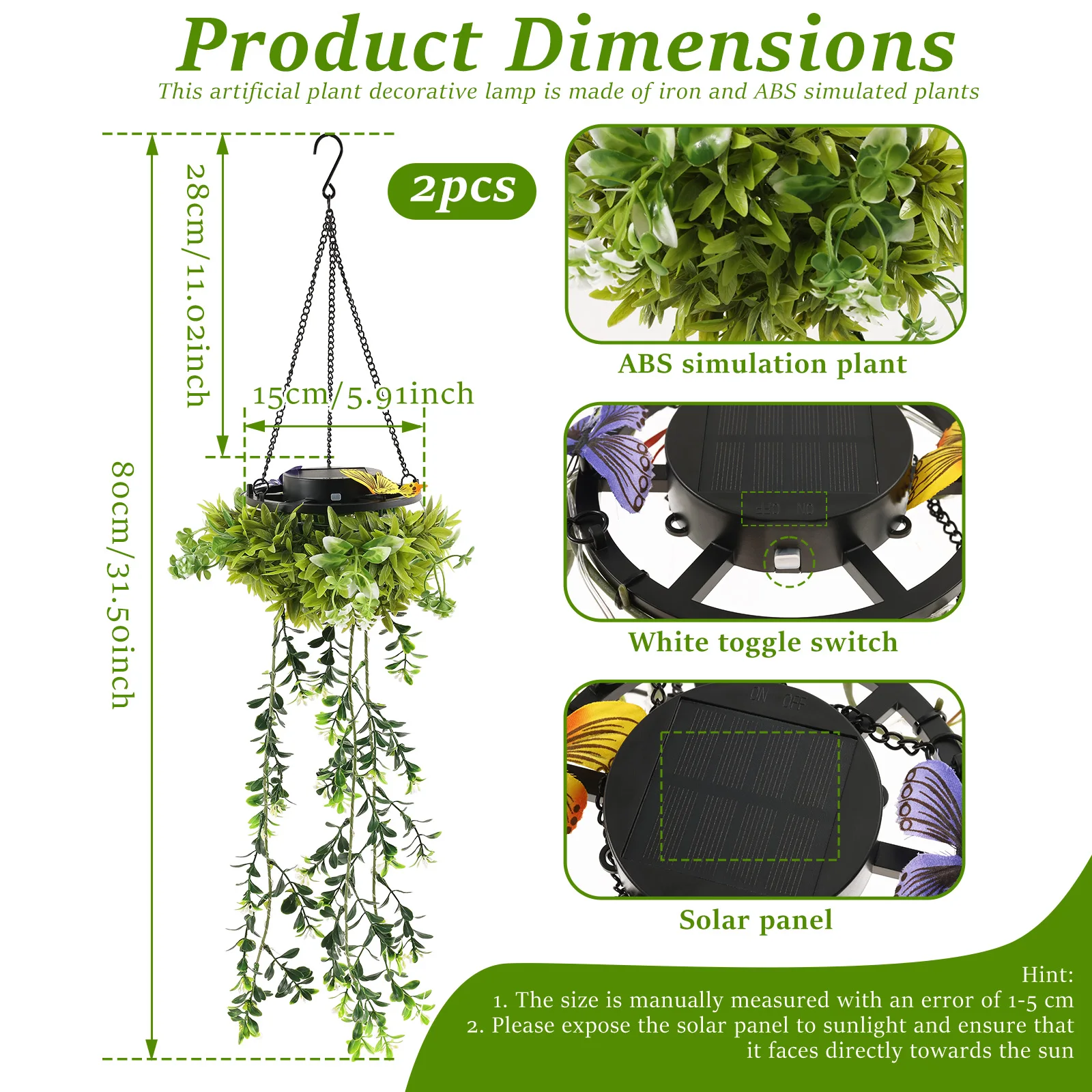 2Pcs Artificial Plant Solar Light IP65 Waterproof Faux Hanging Plant Patio Light with Hook for Outdoor Yard Garden Decoration