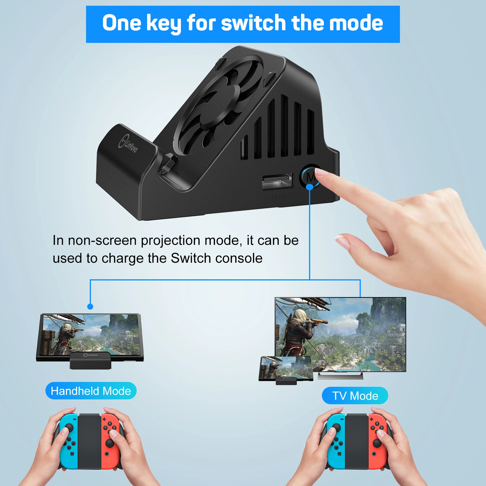 LinYuvo 휴대용 스탠드 TV 프로젝션 충전 도크, 스위치용, 냉각 선풍기 컴팩트, 4K HDMI 어댑터, USB 3.0 포트