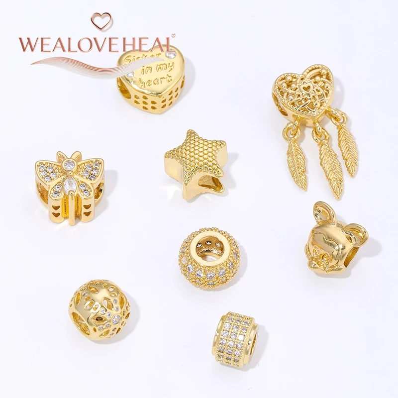 charms für armbänder,2026 Bestseller 18K Vergoldete Messing-Zirkon Herz/Stern/Schmetterling/Traumfänger Charm-Perlen für DIY Armband Schmuckherstellung Zubehör