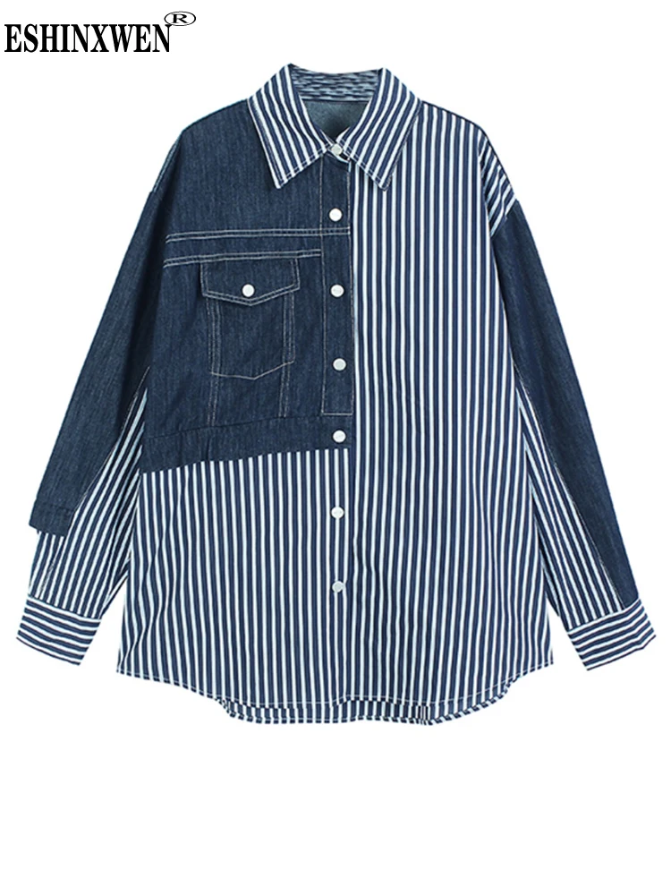 

Eshin Women Blue Striped Denim Big Size Blouse New Lapel Long Sleeve Loose Fit Shirt Fashion Spring Autumn 2023 TH4776