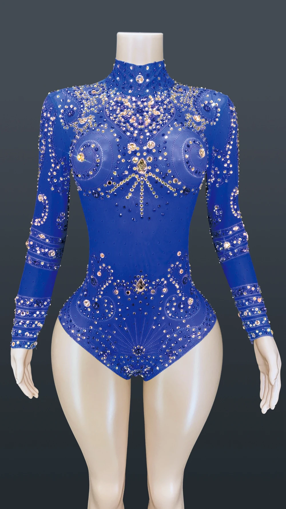 Sparkly Crystals Long Sleeve Mesh Transparent Bodysuit Sexy Dance Costume Birthday Party Night Outfit Women Leotard Stage Wear