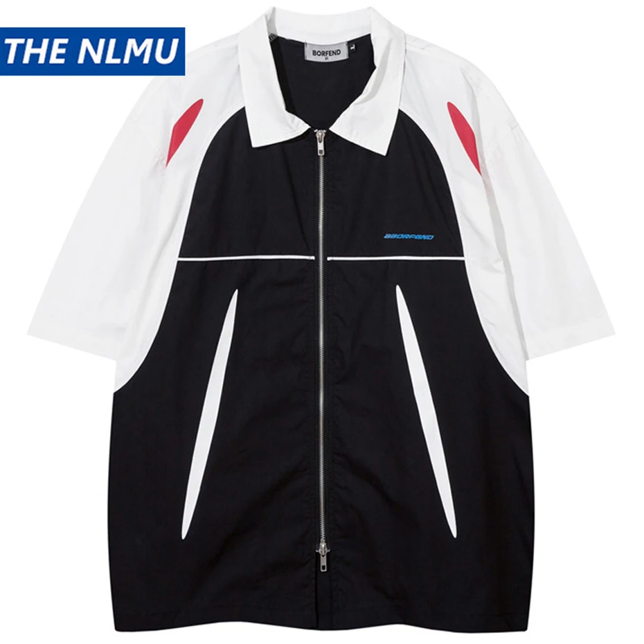 

Harajuku Hip Hop Shirts Color Block Patchwork Zip-up Shirts Men Oversized Hip Hop Streetwear Shirts Loose Button Up Blouse