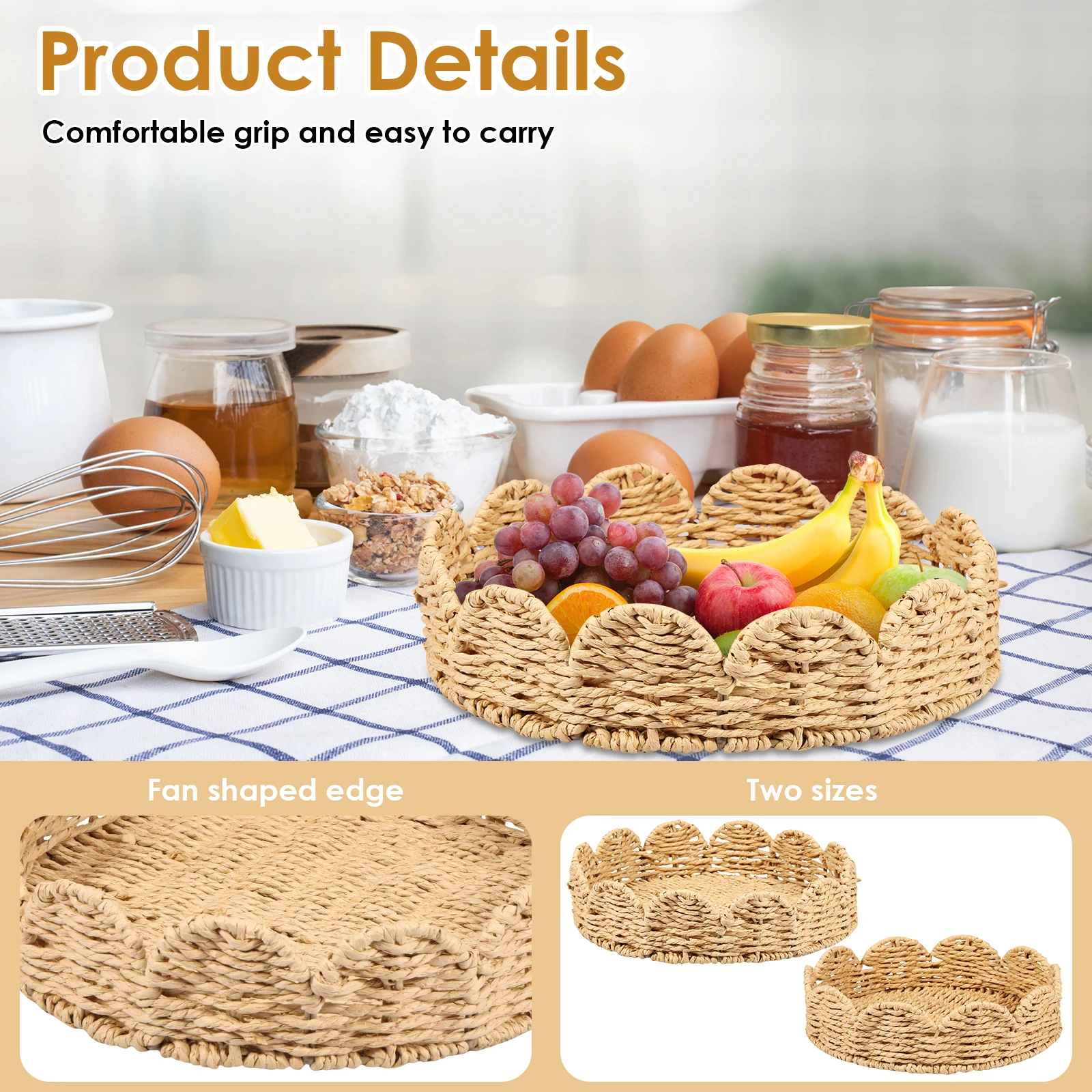 2 Pcs Storage Basket Hand Woven Organizer Baskets Multi-purpose Fruit Basket Braided Serving Tray for Home and Kitchen Organizer