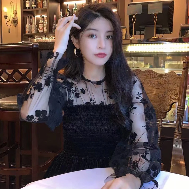 

New Black Spring Patchwork Beaded Mesh Blouse Sexy O Neck Hollow Out Women Shirt Blusa Elegant Puff Long Sleeve Tops Pullovers