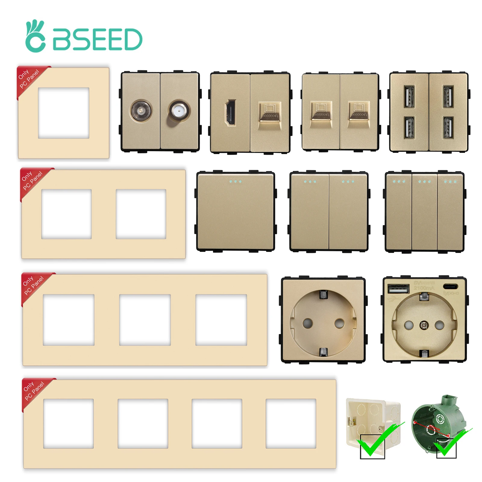 Bseed Matte Plastic Frames Tv St Double Usb Cat5 Rj45 Internet Socket Interruttori Della Luce Eu Type-C Usb Socket Parts Combinazione Gratuita