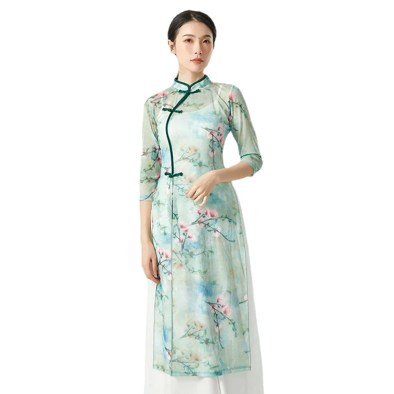 

New Chinese Hanfu Traditional Woman Dress See-through Top Oriental Classic Gauze Cheongsam Stretch Print Dancer Outfit Qipao XL