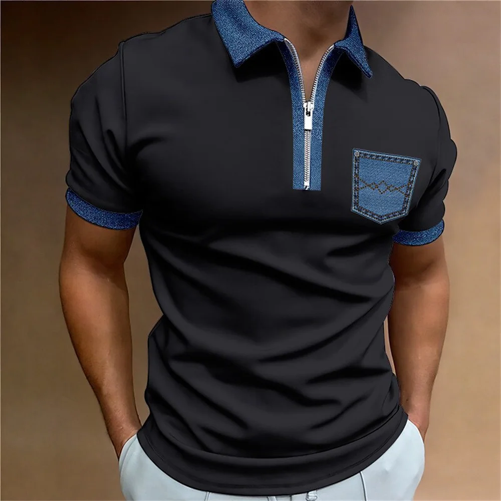2024 Men'S Zip Polo Square 3d Print Graphic Caucal Stripes Lapel