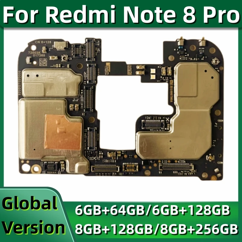 マザーボードpcbモジュールxiaomi-redmi-note-8-pro、ロック解除されたメインボードmb-64gb-128gb-256gb、フルチップ、グローバルmiuiシステム