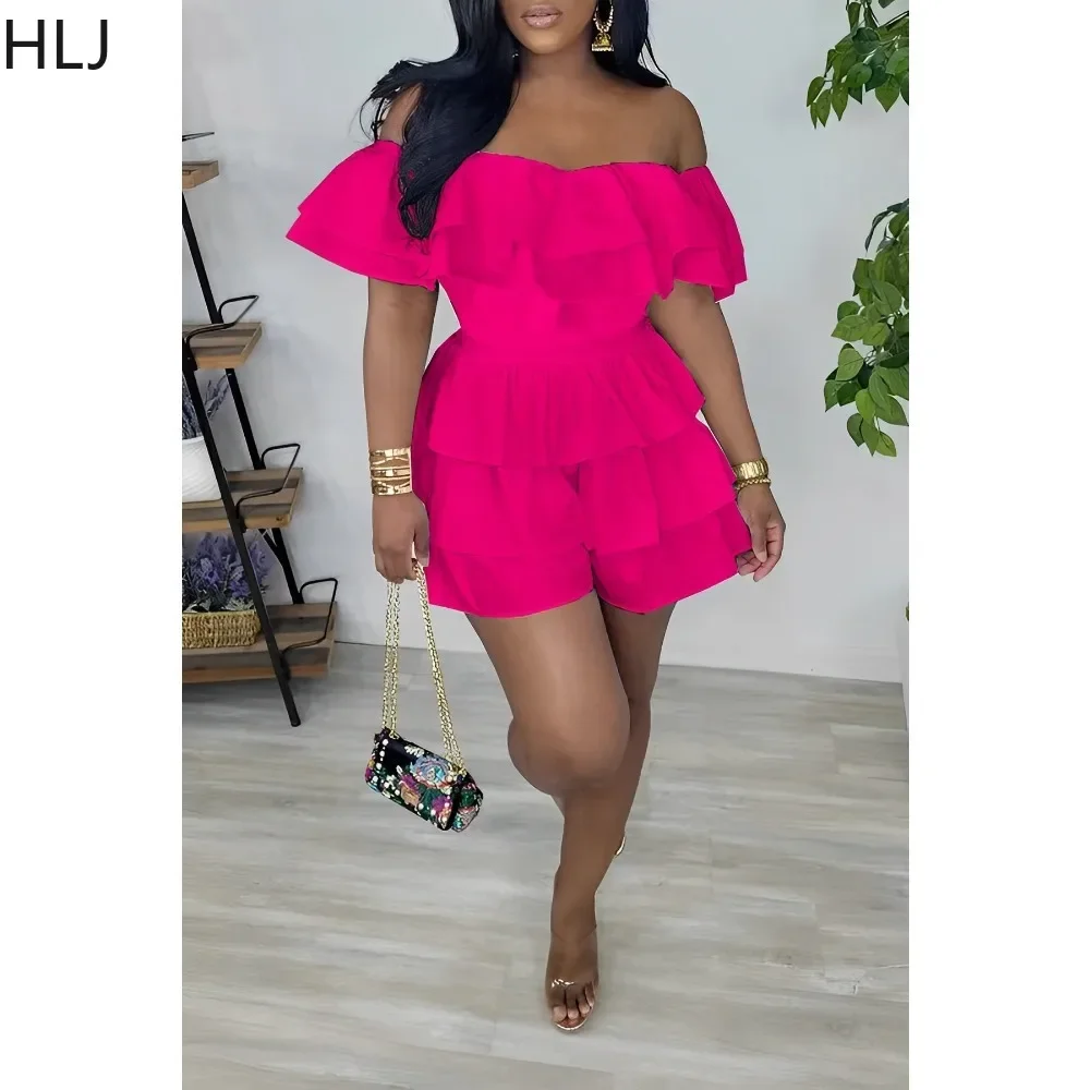 HLJ Fashion Off Shoulder Ruffle Ruched Design Rompers Women Short Sleeve Slim Jumpsuit Casual Female Solid Color Pleated Overall
