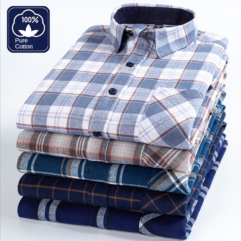 Men's Standard Fit Long-Sleeve Casual Checked Shirt Single Patch Pocket Button-down Collar Comfortable 100% Cotton Gingham Shirt