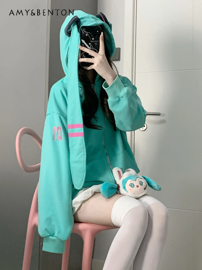 Japanese Sweet Cute Rabbit Ears Hoodies Women Spring New Harajuku Style Gothic Oversized Sweatshirts Hatsune Miku Zip Up Hoodie
