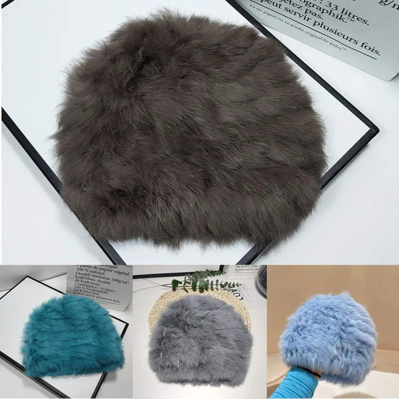 

2023 Hot Sale Russian Women Knitted Soft Real Rabbit Fur Bomber Hats Winter Warm High Quality Fluffy Rabbit Fur Hat for Lady