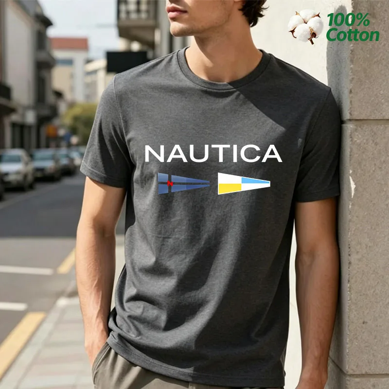 T-shirt da uomo Nautica con grafica bandiera a ventaglio, classica nautica, a maniche corte, casual, in cotone, streetwear, top basic estivo - immagine 3