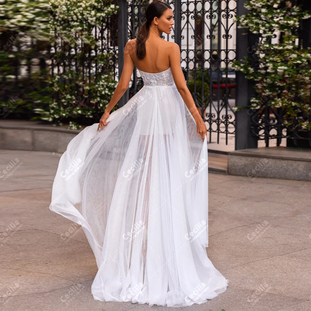 Sexy Wedding Dresses A-Line Tulle Tiered Bridal Gowns Strapless Backless Robes For Formal Party High Slit Vestidos De Novia 2024 2