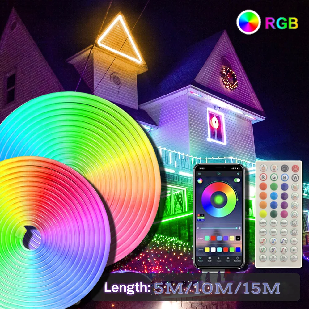 Striscia LED neon RGB da 15 m, flessibile, multicolore, controllo con app/ telecomando, nastro LED neon RGB IP67, per decorazione interna ed esterna