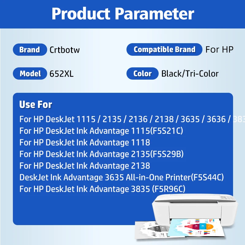 Ink Cartridge Replacement CRTBOTW 652XL For HP 652 HP652 XL Compatible Deskjet 1115 1118 2135 2136 3635 3636 3835 4535 Printer