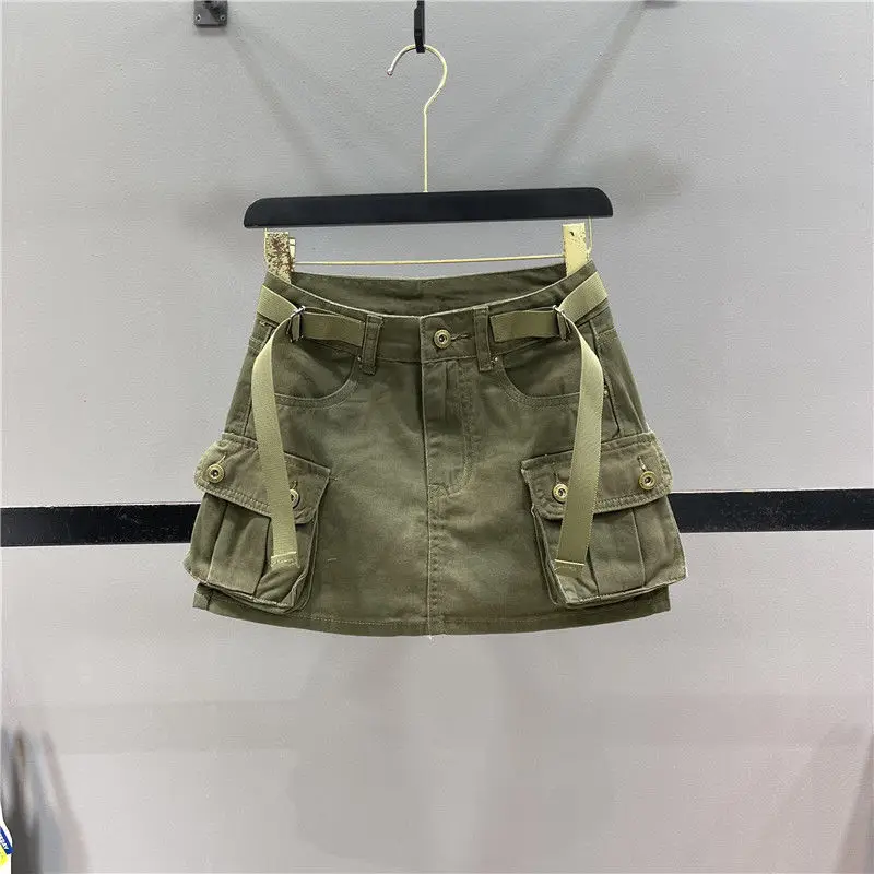 

2024 Summer Women's Cowboy Short Skirt Army Green Work Dress Cowboy Button Pocket Anti Glare High Waist A-line Solid Half Skirt