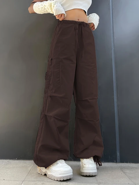 Weekeep Light Khaki Cargo Pants Streetwear 100% Cotton Big Pocket Patchwork Casual Pants Drawstring Low Waist Baggy Trouser Lady Auburn