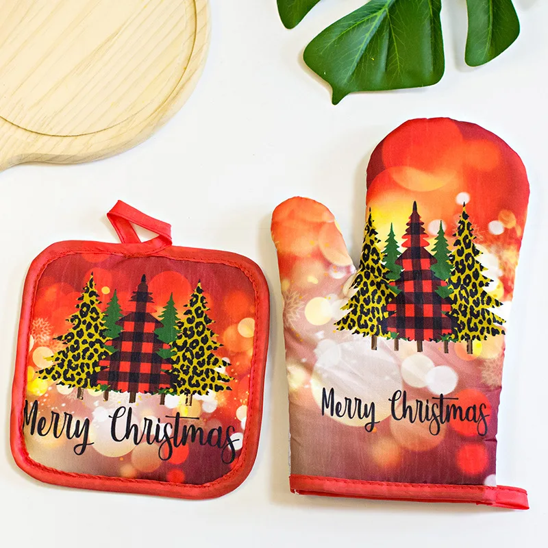 Kitchen Heat-resistant Heat-resistant and Heat-insulating Gloves with Cute Christmas Print Decoration Suitable for Ovens