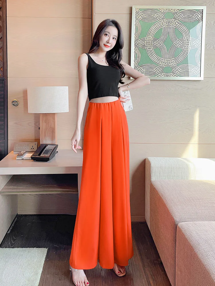 

Women Summer Pants Split Wide Leg Pants Thin Straight Tube Drape Flowing Swing Skirt Niche Fishtail Pants Dance Pants D3566
