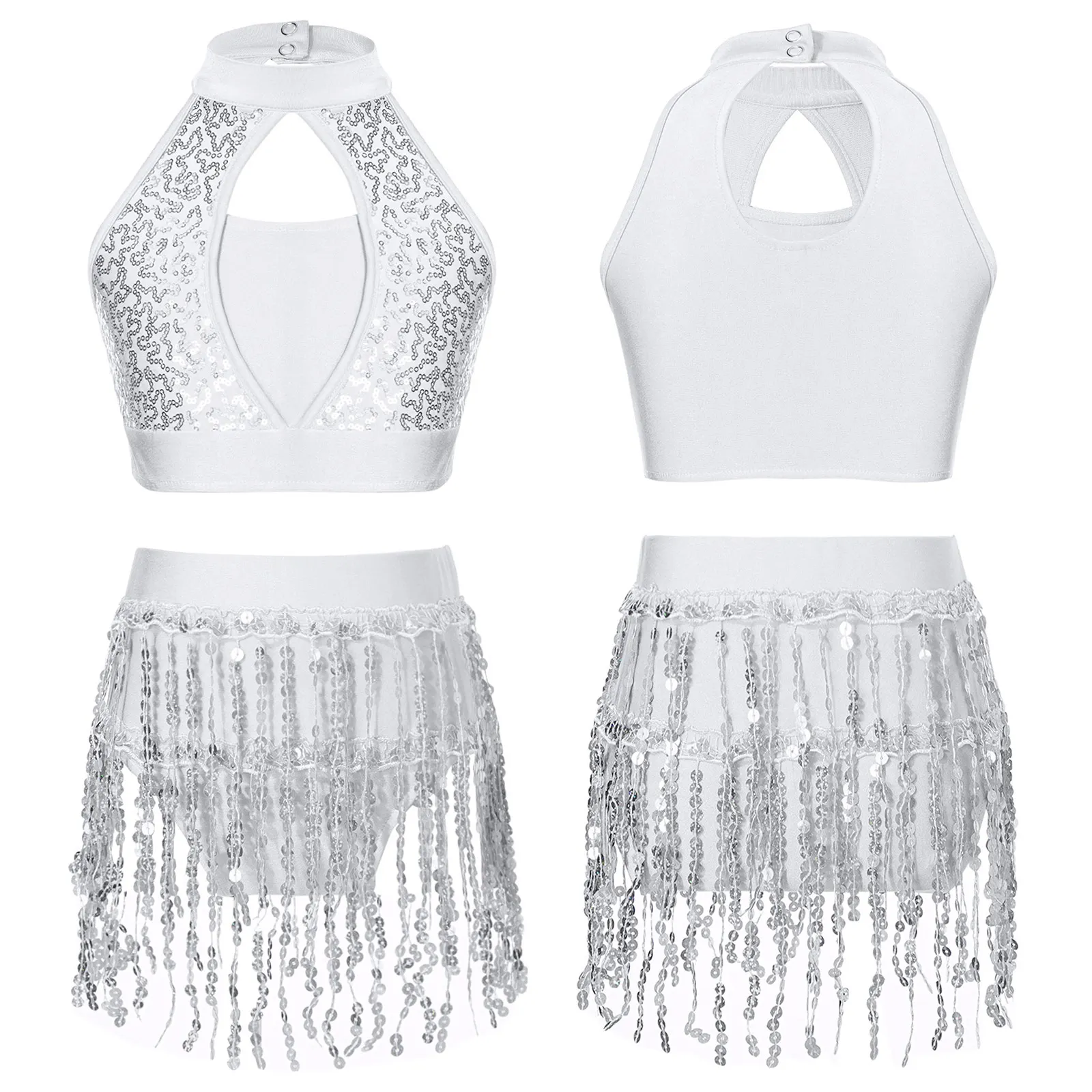 

Kids Girls Latin Jazz Samba Dance Costume Ballet Gymnastics Performance Dancewear Sequin Hollow Halter Crop Top Fringe Shorts