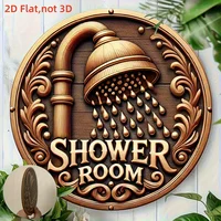 ป้ายห้องอาบน้ำแบบเรโทร 2 มิติ 1 ชิ้น - ป้ายไม้ทรงกลมพร้อมก๊อกน้ำสีทองและดีไซน์หยดน้ำ เหมาะสำหรับตกแต่งห้องน้ำ 6