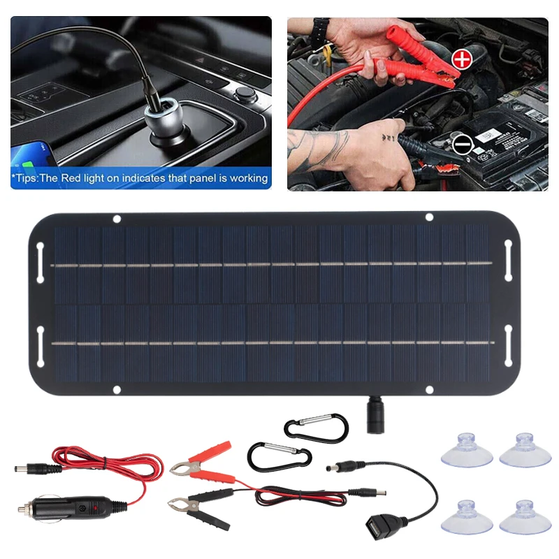 ชุดเครื่องชาร์จพลังงานแสงอาทิตย์แบบพกพา 12V แผงโซลาร์เซลล์ เครื่องชาร์จแบตเตอรี่ เครื่องชาร์จเซลล์แสงอาทิตย์แบบโพลีคริสตัลไลน์ สำหรับรถบ้าน รถตู้ เรือ 1