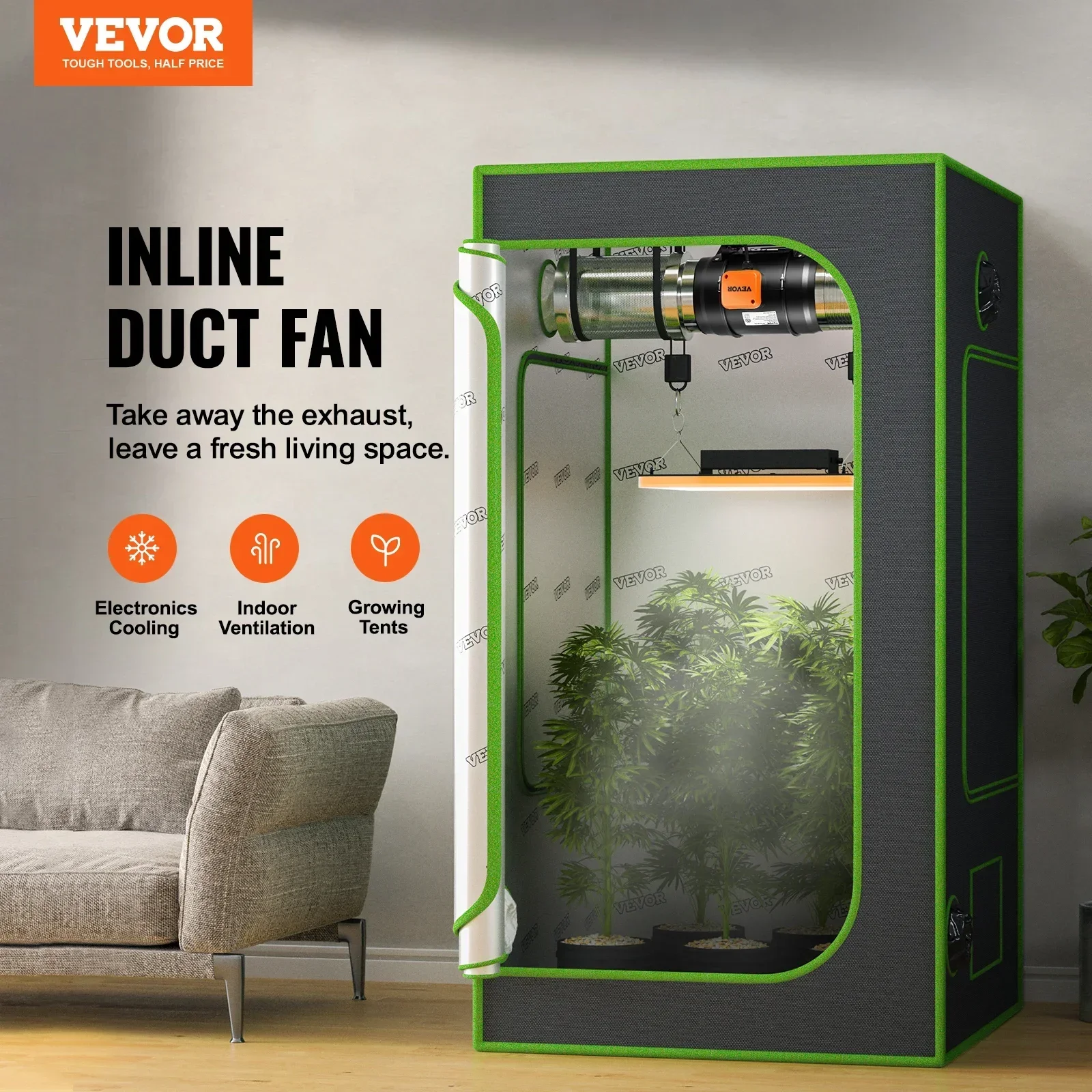 VEVOR Inline Duct Fan with Temperature Humidity Controller EC-motor Diagonal flow Duct Ventilation Exhaust Fan Suit for Bathroom 2