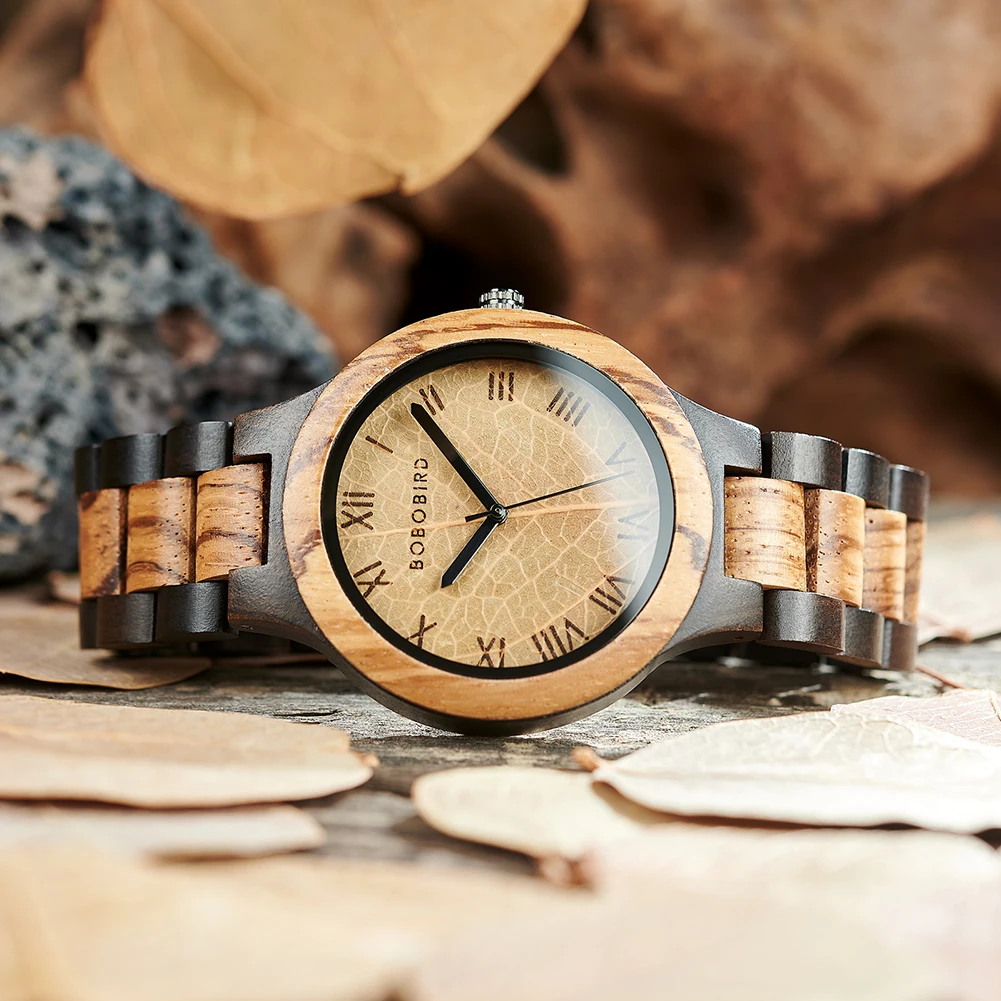 Men's Wood Watch with Genuine Leaf, BOBO BIRD Watch, Leaves Face Original Wooden Clock, Engraved Watch, Anniversary Custom Gift