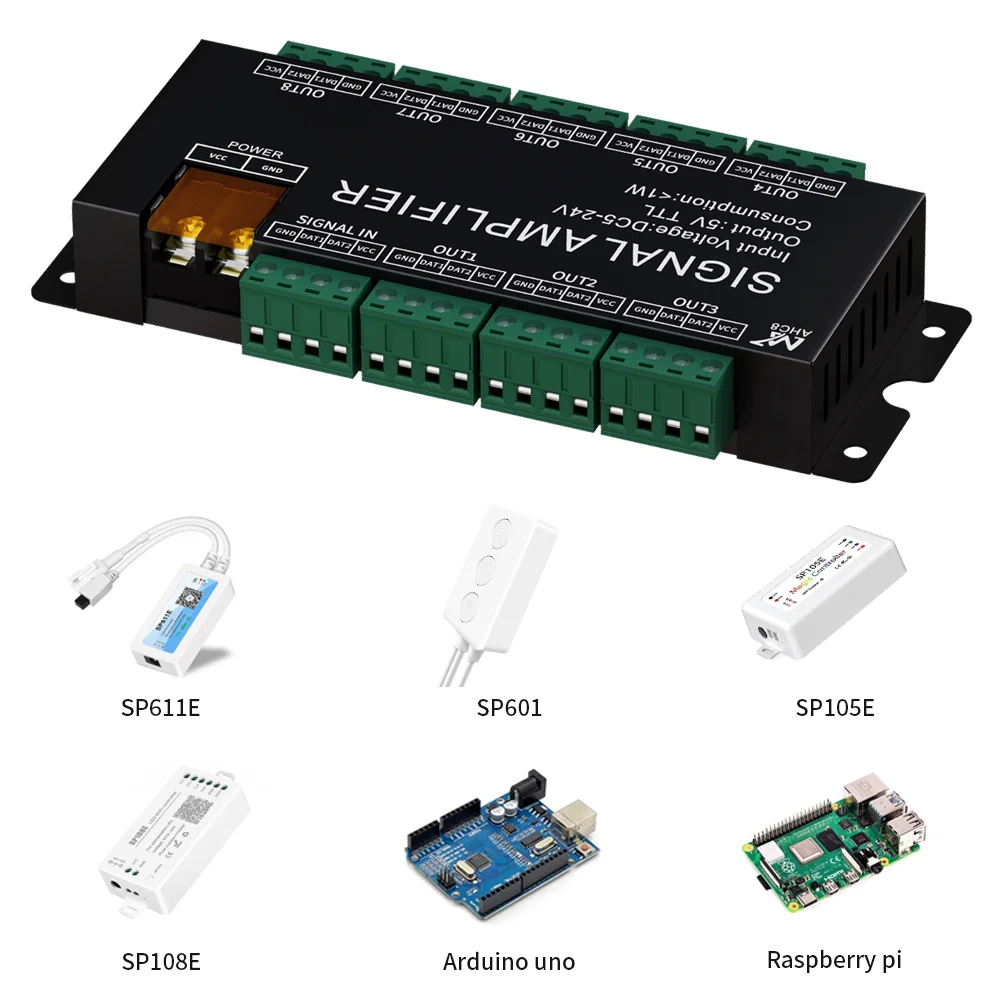 WS2812B 8CH 신호 LED 스트립 증폭기 SPI TTL 신호 출력 WS2811 WS2812 WS2815 WS2813 픽셀 LED 조명 DC5V/12V/24V