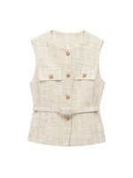 Women's Tweed Waistcoat with Belt, O Neck, Sleeveless, Front Button, Female Outerwear, Chic Tops, Fashion - Image 4