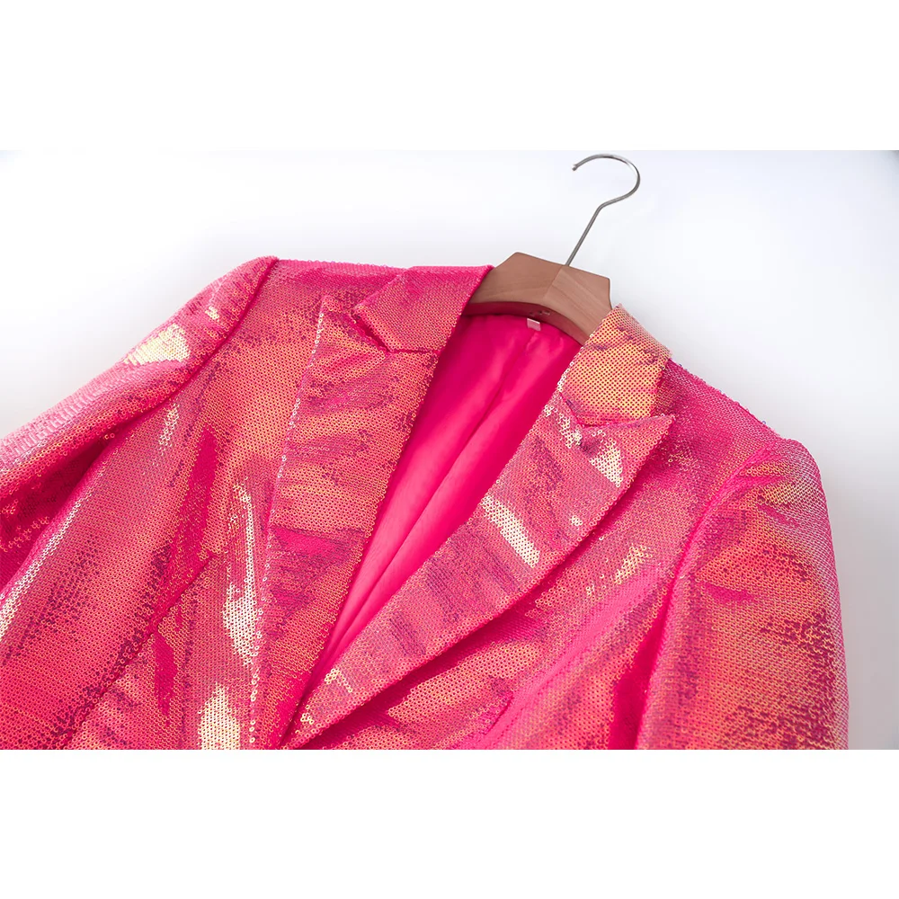 Brand New Unique Party Style Bling Sequins Cloth Suit Single Button Blazer Shorts Fushcia Color Lady 2PCs 3