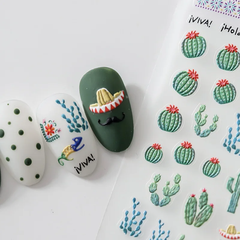 1 Sheet 5D Realistic Relief Green Cactus Mustache Straw Hat Hot Mexico Life Adhesive Nail Art Stickers Decals Manicure Charms