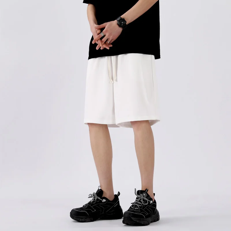 Summer Men's Elastic High Waisted Solid Shirring Pockets Casual Sports Vacation Loose Trousers England Style Fashion Shorts