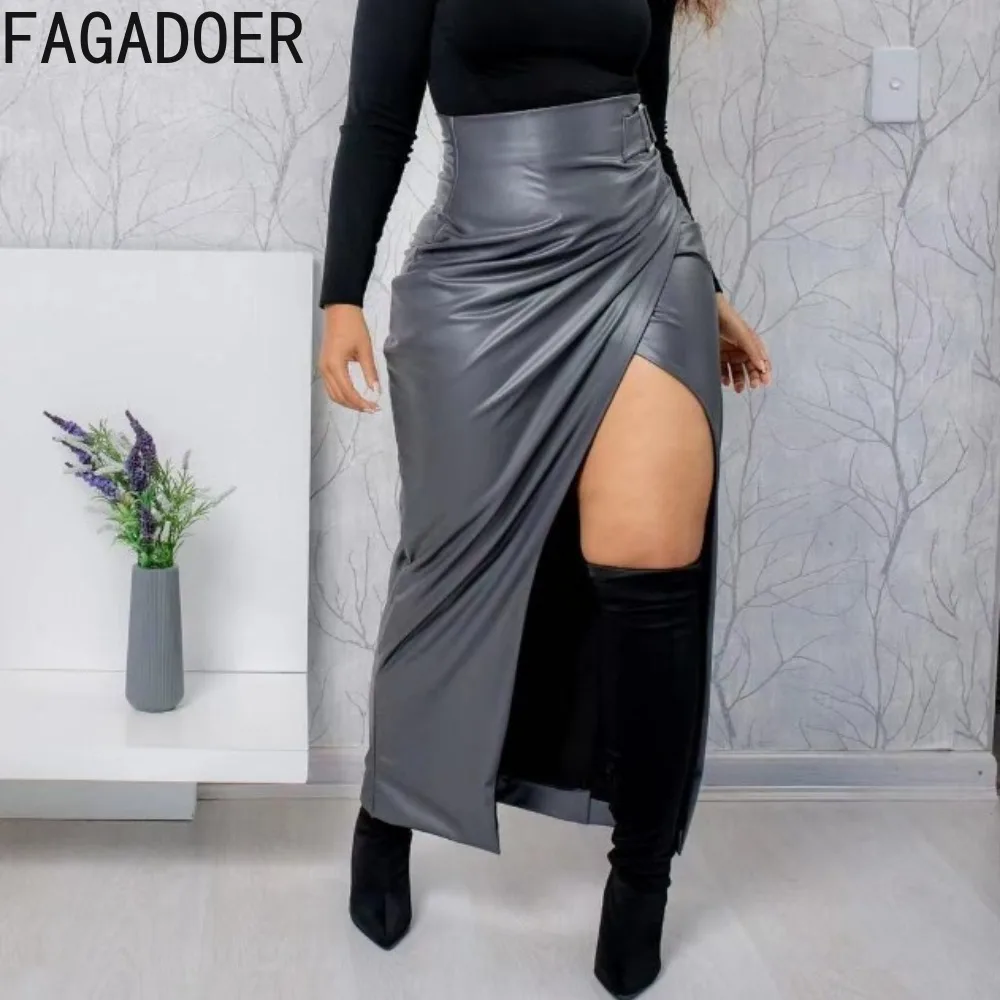 FAGADOER Gray PU Leather Fashion Streetwear Women High Waisted Zip High Slit Ruched Irregular Skirts Casual Solid Color Bottoms