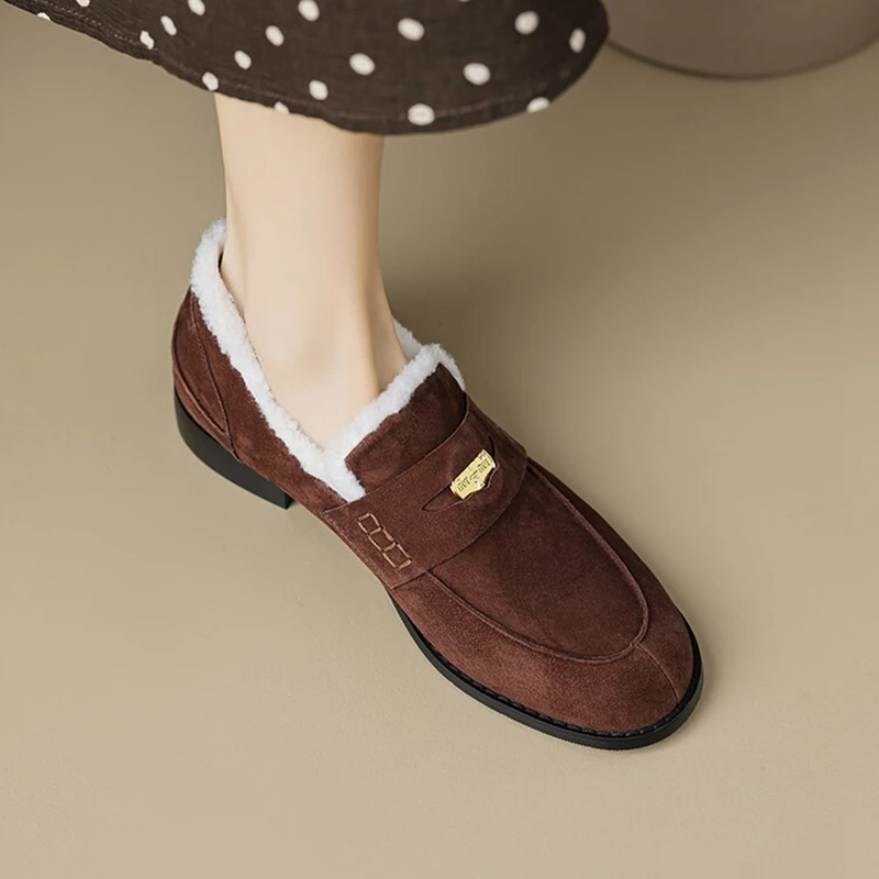 

NEW Winter Women Loafers Sheep Suede Leather Shoes for Women Round Toe Low Heel Shoes Black Warm Wool Blend Shoes zapatos mujer