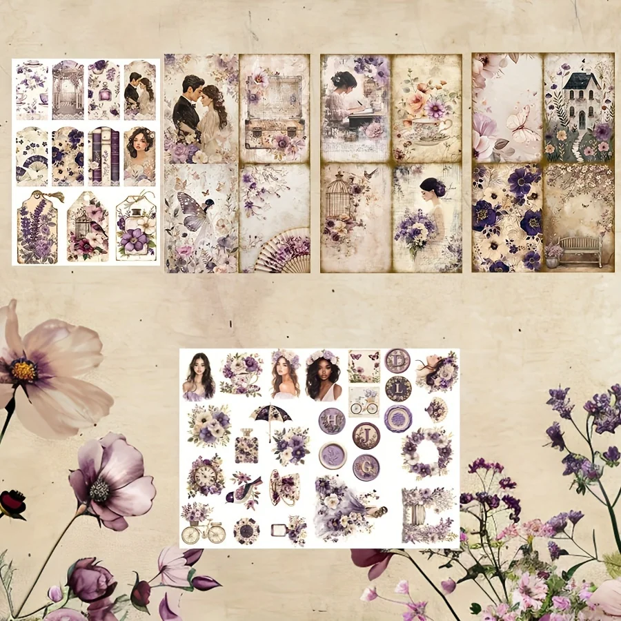 68pcs Card and Sticker Set Vacation Wedding Lavender Purple Floral Patterns Wedding Album DIY Greeting Card Junk Journal