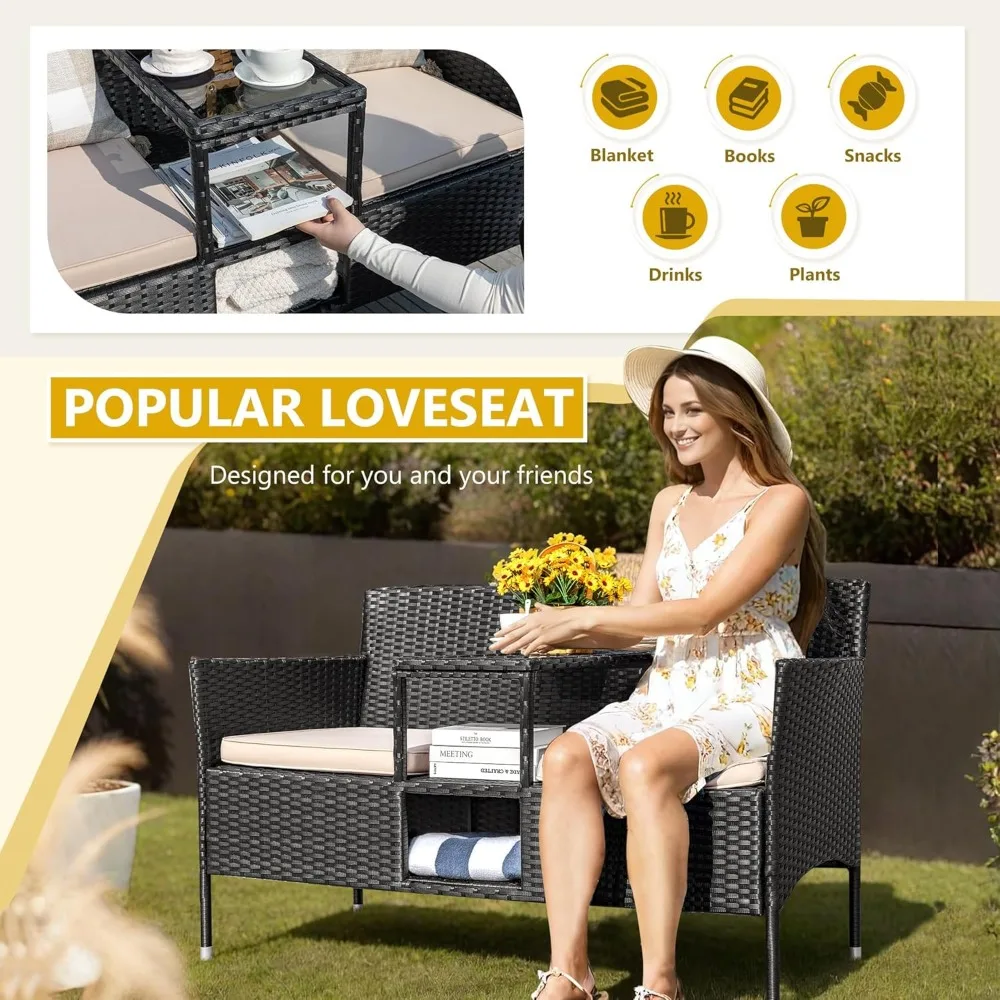 Modern Rattan 2-Seat Patio Loveseat with Built-in Coffee Table 3