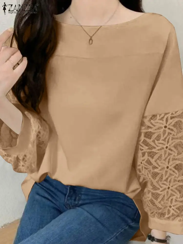 

Женская богемная рубашка, осенняя кружевная вязаная блузка ZANZEA, повседневные блузки с длинным рукавом, женские топы в стиле пэчворк, свободная Праздничная туника для женщин