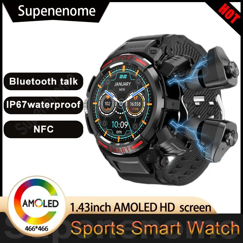 

2023 New 2 in 1 Men Smart Watch With TWS Earbuds AMOLED Bluetooth Headset Smartwatch With Speaker Tracker Music Sports Watches