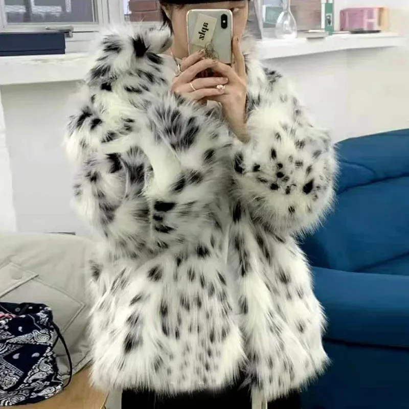 

Cat Printed Imitation Fox Fur Coat Black and White Spotted Leopard Lapel Loose Coat Young Women Thick Warm Fur Outer Wear Winter