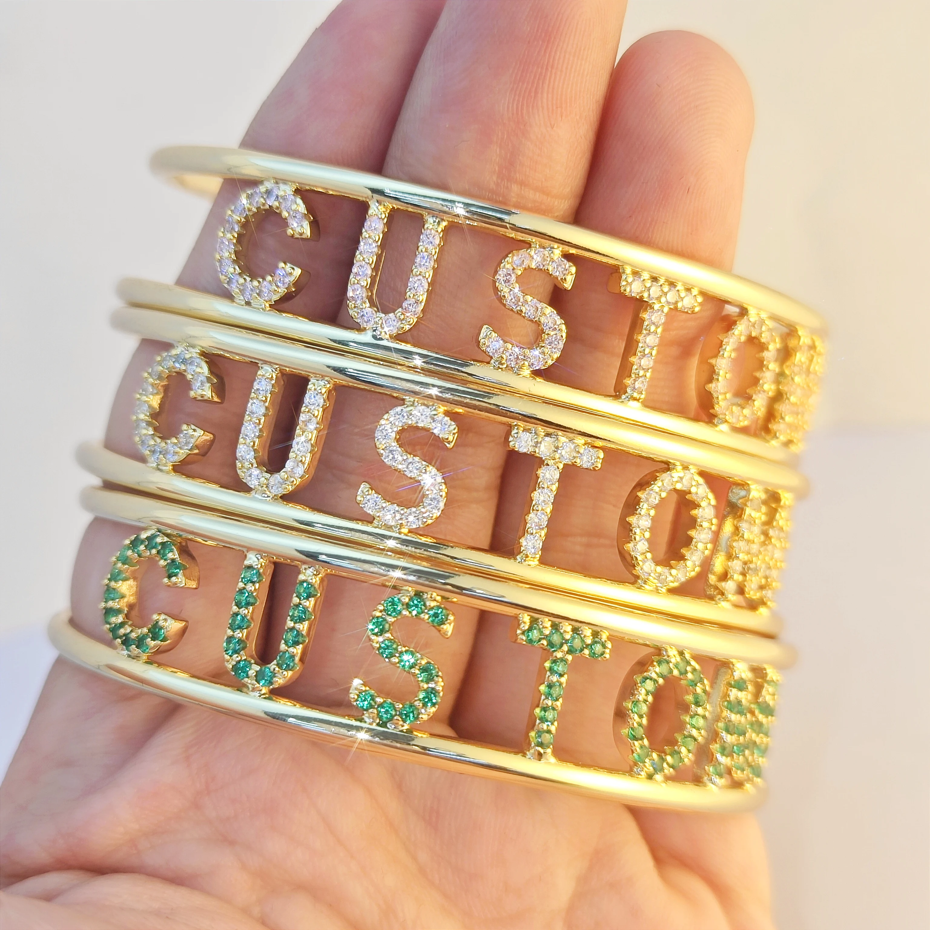 Customized Colorful Zircon 9mm Letters Bangle Green Stone Letter Custom Women Bracelet Bangle Jewelry