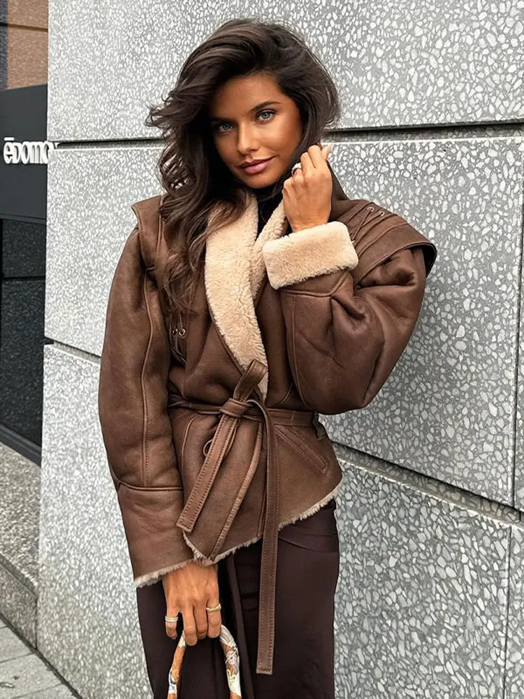 

Vintage Turn-down Collar Lace Up Faux Fur Jacket Women Elegant Warm Long Sleeve Coat 2023 Autumn Winter Female Casual Overcoat