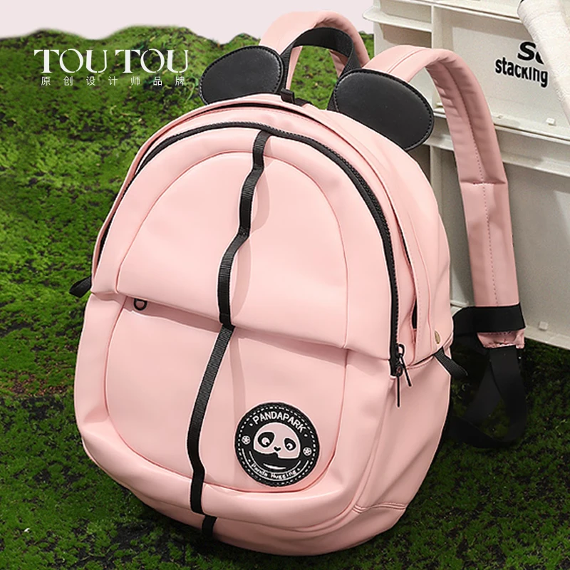

TOUTOU Student Panda Canvas Backpack, Large Capacity Shoulder Bag With Multi Zipper For School