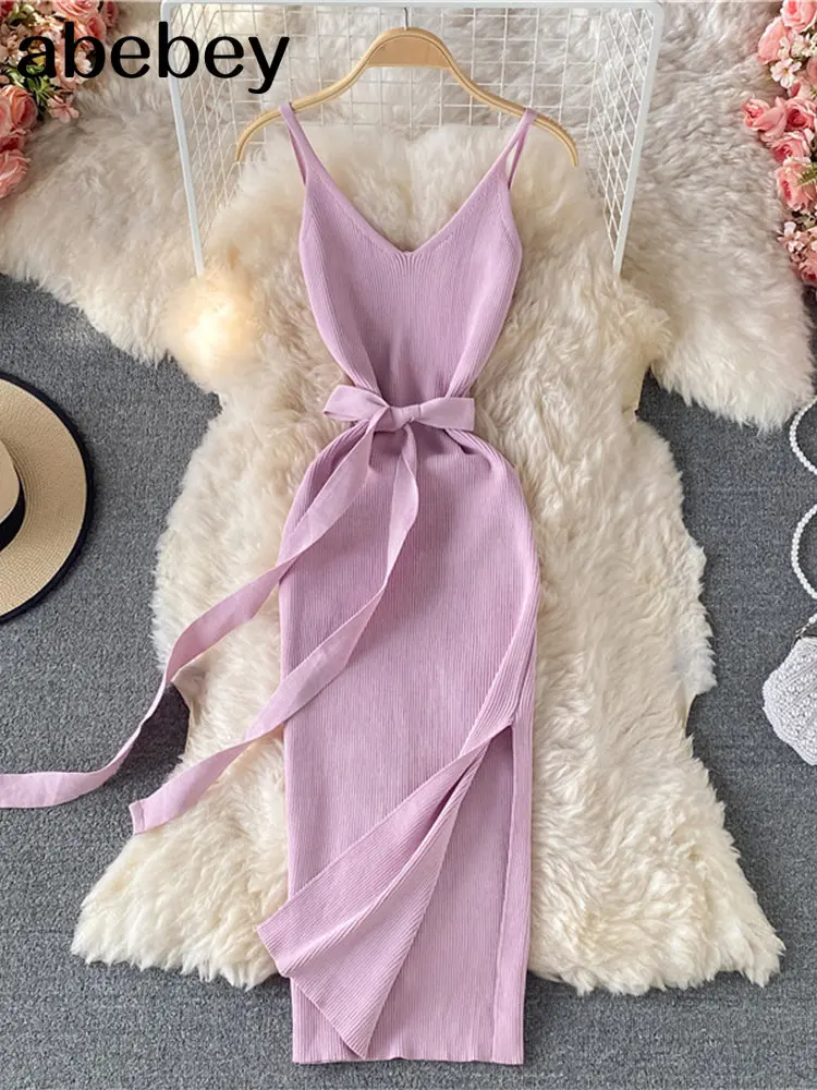 V-Neck Spaghetti Strap Long Knitted Dress