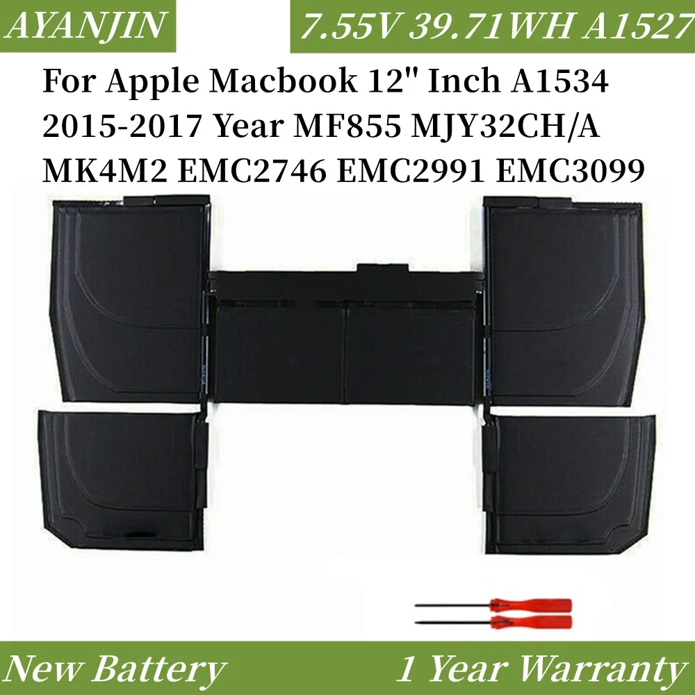 

39.71WH A1527 A1705 Laptop Battery for Apple Macbook pro 12" A1534 2015 2016 2017 year MF855 MJY32CH/A MK4M2 EMC2746 EMC2991