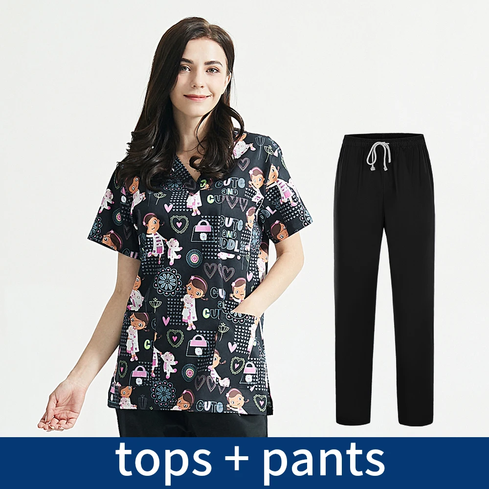Beauty Salon Work Clothes Experimenter Scrubs Tops Unisex Print Pet Grooming Institutions V-Neck Scrub Tops nurse scrubs top working uniform blouse