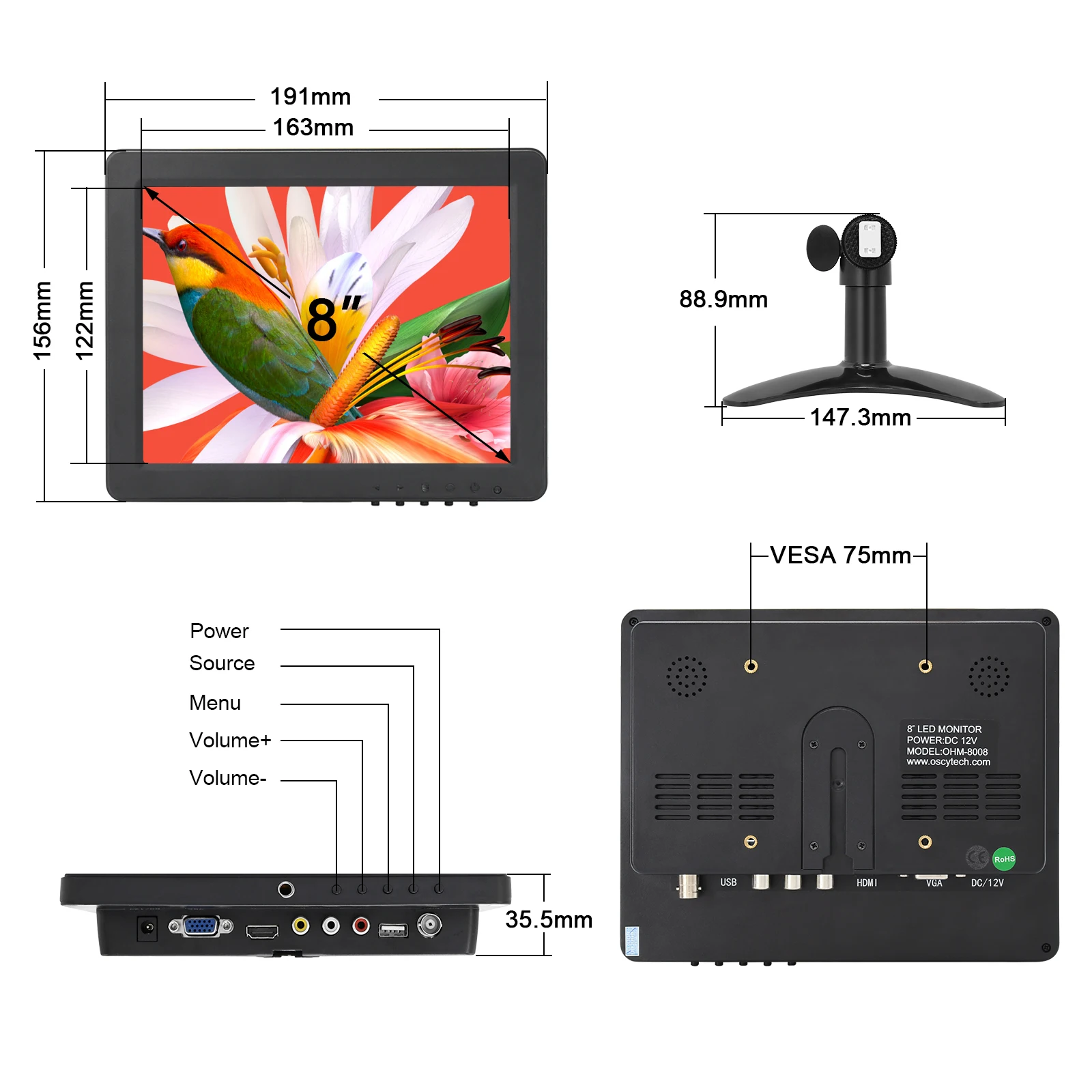 8 ġ HDMI  1024x768  ÷ ޴ 4:3 TFT LED ̴   HDMI VGA BNC AV USB Է  