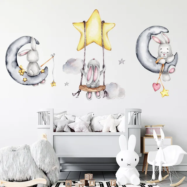 Bunny Baby Nursery Wall Stickers Cartoon Rabbit Swing on the Stars Wall Decals for Kids Room PVC Removable Stickers PVC DIY 4