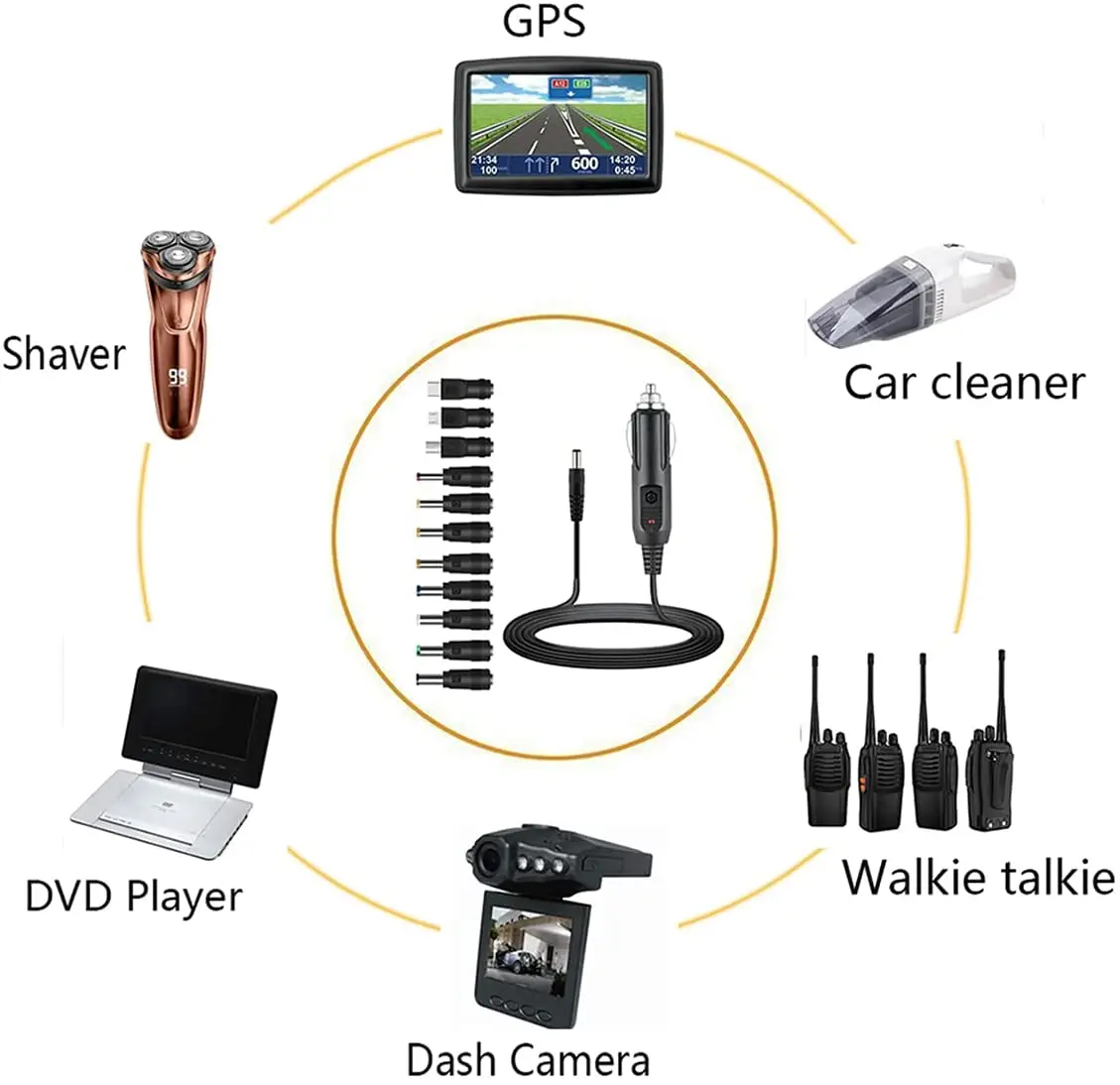 Universal 12V Car Charger(Max 10A) + 5V DC Power Cable,with 11 Connectors for DVD Player,Dash Camera,GPS,Bluetooth Speakers